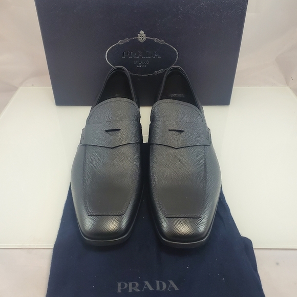 NWT$875 PRADA Mens Saffiano Black Leather Penny Slip-on Loafer Sz 11 UK (12 US) - Picture 1 of 16